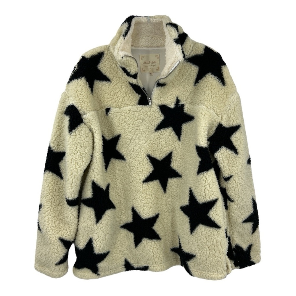 Altar'd State Sherpa Stars Quarter Zip Cozy Cream & Black Pull Over SZ M